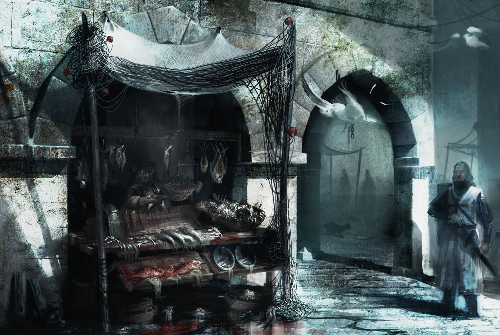 Игра черный рынок. Assassins Creed 1 концепт арты города. Средневековый рынок фэнтези. Рынок средневековье арт. Темное фэнтези рынок.
